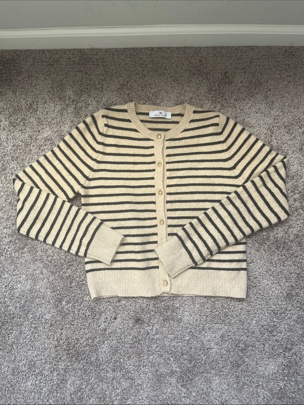 Striped Crewneck Button-Front Cardigan - Cream & Black